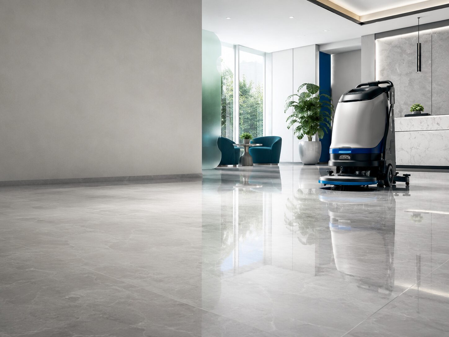 Commercial cleaning of a large marble lobby