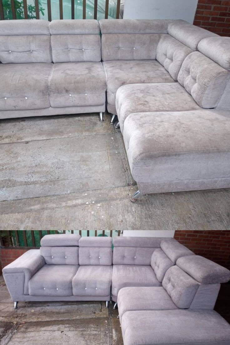 Real before and after result of an outdoor sectional sofa deep clean