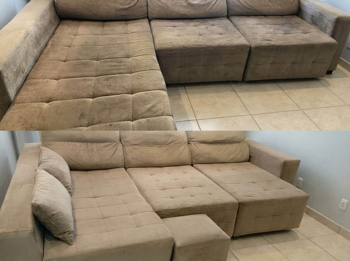 Real before and after result of a sectional sofa deep clean by Deep Cleaning Experts